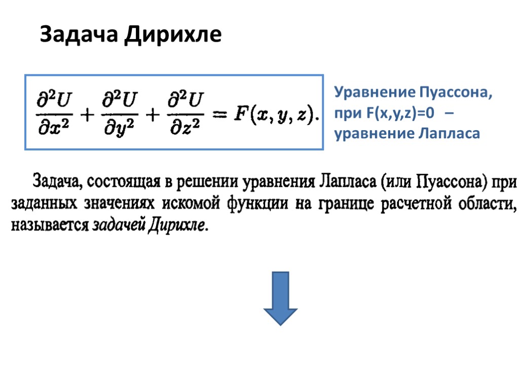 Задача Дирихле Уравнение Пуассона, при F(x,y,z)=0 – уравнение Лапласа